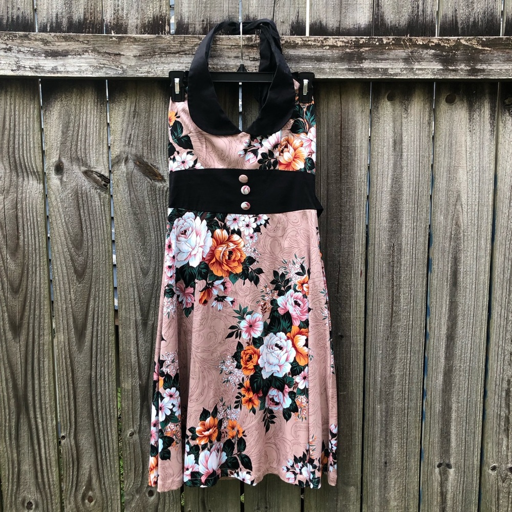 Banned Apparel Floral Pinup Dress Size 8 Tan Orange Halter Rockabilly Tattoo